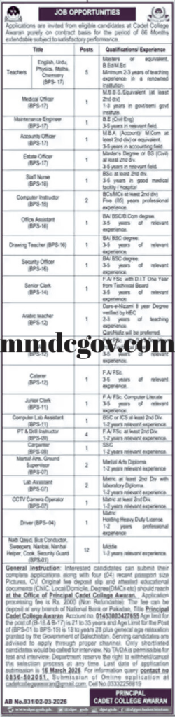 Cadet College Awaran Jobs 2026